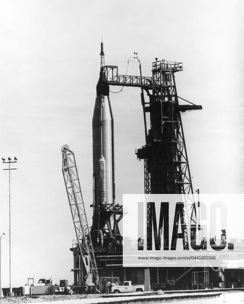 MERCURY-ATLAS 6, 1962. Overall view of Mercury spacecraft Friendship 7 and Atlas booster, at Cape Canaveral, Florida, 23 January 1962, four weeks prior to transporting astronaut John Glenn on the mission which saw him orbit the Earth three times.