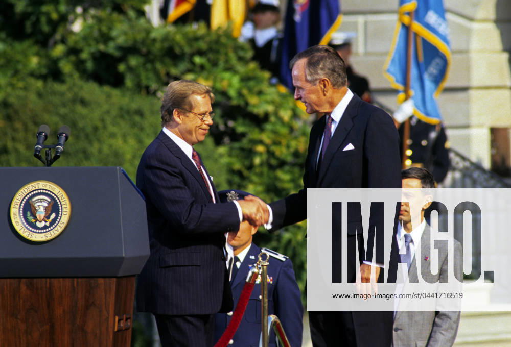 Bush and Havel United States President George H.W. Bush, right, shakes hands with President Václav Havel of Czechoslovakia, left, as he hosts a State Arrival ceremony on the South Lawn of the White House on October 22, 1991. Havel is visiting Washington for a State Visit. Credit: Ron Sachs CNP Washington District of Columbia United States of America