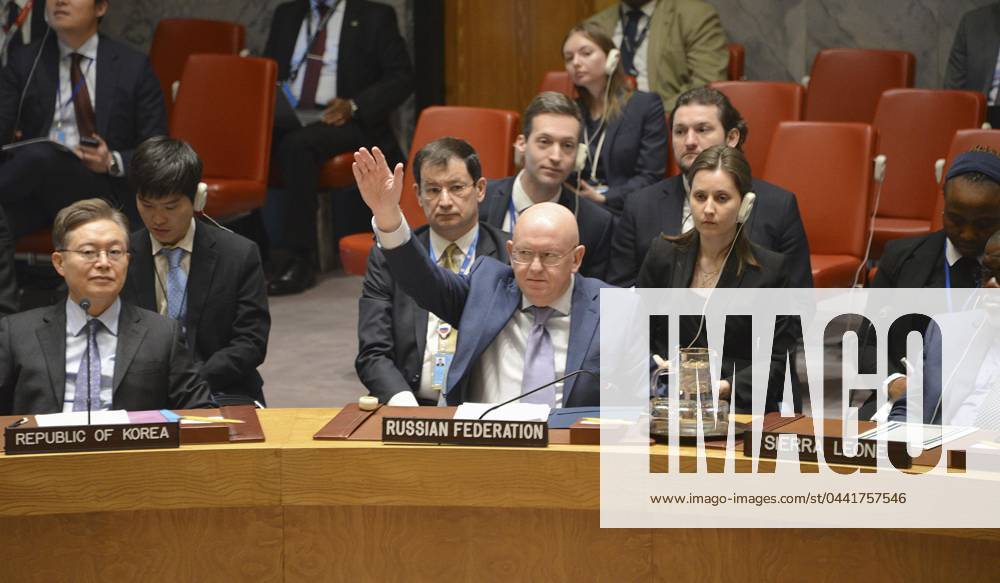 U.N. session on U.S.-proposed Gaza resolution Russian Ambassador to the United Nations Vassily Nebenzia (C) vetoes a resolution proposed by the United States on the Gaza crisis during a U.N. Security Council meeting at the U.N. headquarters in New York on March 22, 2024. A14AA0002627353P