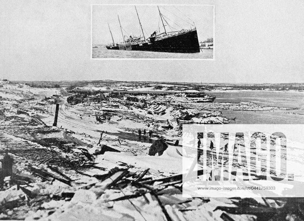HALIFAX DISASTER, 1917. View of the wreckage in the railroad yards on the Richmond side of Halifax harbor following the disastrous explosion and fire of 6 December 1917; inset depicts the wreck of the SS Imo, one of the ships involved in the disaster. Photograph, 1917.