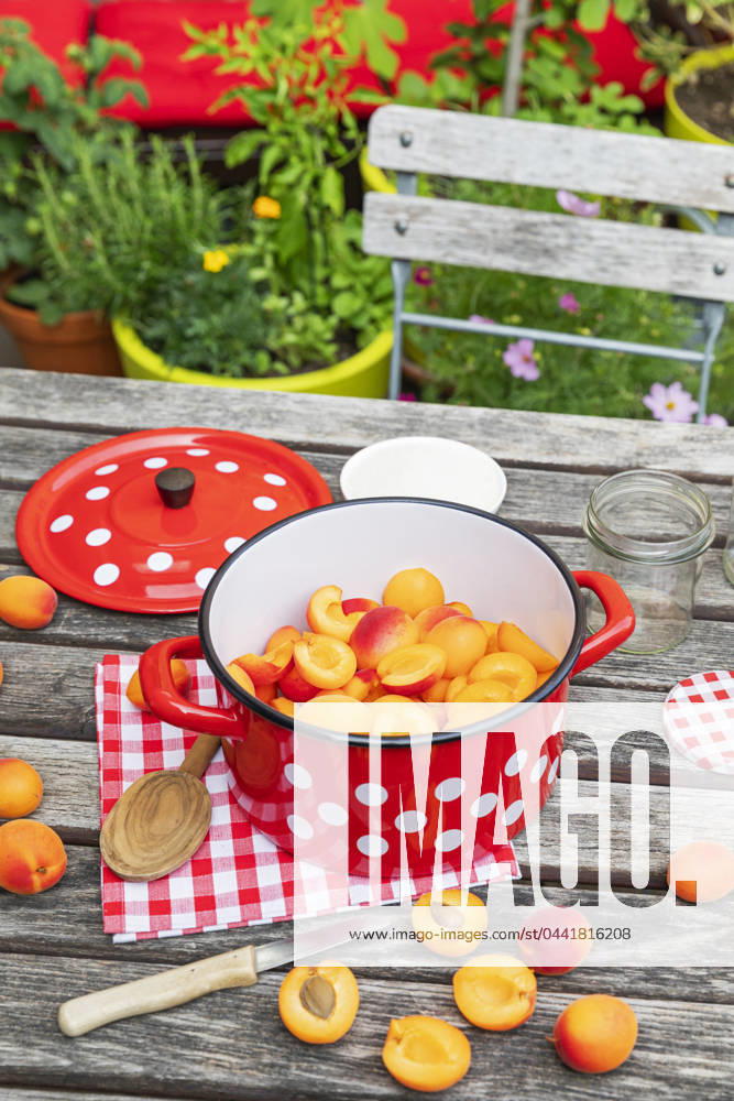 IMAGO Creative, Jahreszeit Sommer, Food, Marmelade kochen Preparation of apricot jam on wooden garden table, GWF07996
