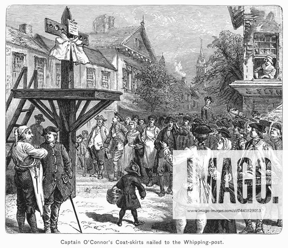 BOSTON TEA PARTY, 1773. Captain O Connor s coat-skirts nailed to the whipping post after he was caught attempting to salvage some of the tea thrown into the harbor for his own gain. Line engraving, 19th century.