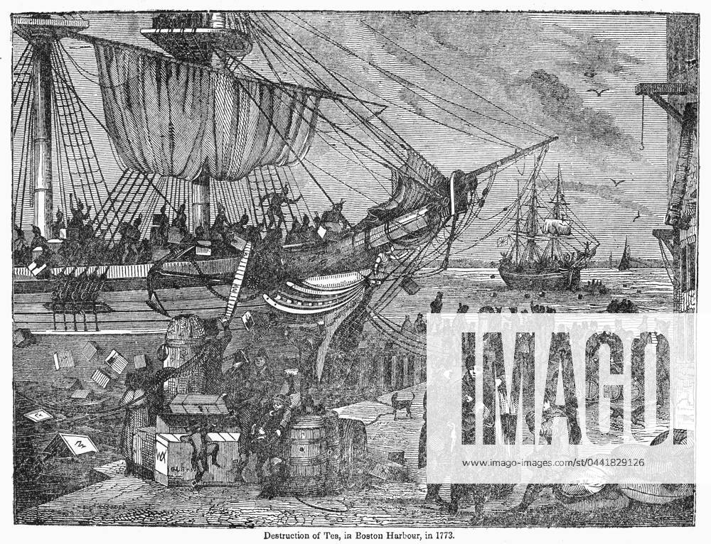 BOSTON TEA PARTY, 1773. Emptying the tea into Boston Harbor, 16 December 1773. Engraving, 19th century.