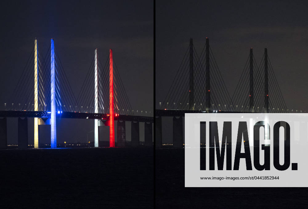 MALMÖ 2024 03 23 Öresund Bridges 203.5 meter high pylons in the Nordic colors to celebrate Nordic Day on Saturday until 20