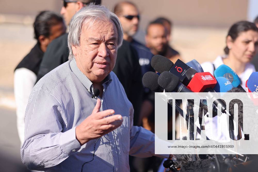 (240324) -- RAFAH CROSSING, March 24, 2024 -- United Nations (UN) Secretary-General Antonio Guterres speaks at the Egyptian side of the Rafah border crossing on March 23, 2024. Guterres reiterated his call for an immediate ceasefire in the besieged Palestinian enclave. (Photo by Xinhua) EGYPT-RAFAH CROSSING-ANTONIO GUTERRES-VISIT MohamedxAhmed