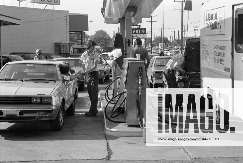 OIL CRISIS, 1979. Cars lined up for gas at a service station in the vicinity of Washington, D.C., at the time of the oil crisis, 15 June 1979. Photographed by Warren K. Leffler.