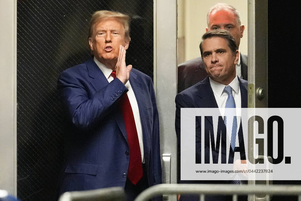 Former U.S. President Donald Trump speaks from the hallway outside a courtroom where he is attending a hearing in his criminal case on charges stemming from hush money paid to a porn star in New York City on March 25, 2024. Pool NYX20240325817 MaryxAltaffer