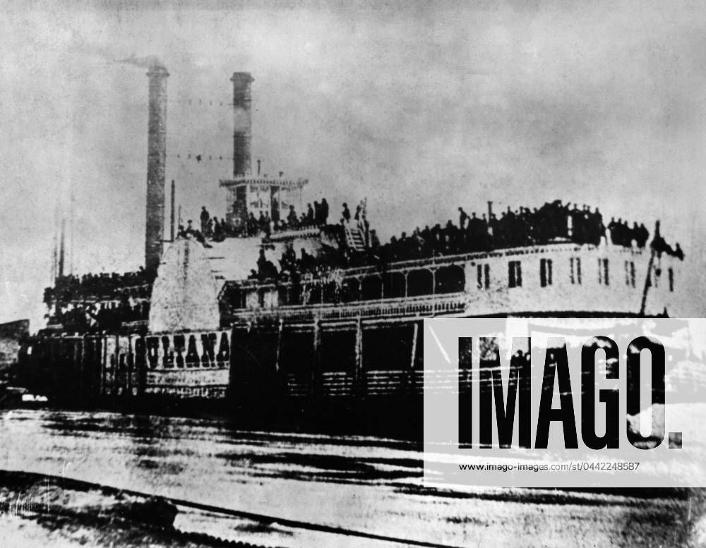 STEAMBOATS: SULTANA, 1865. The paddle steamer Sultana photographed during a stop at Helena, Arkansas on the Mississippi River, about one day prior to its fateful explosion near Memphis, Tennessee on 27 April 1865, with several hundred Union Army troops on board.