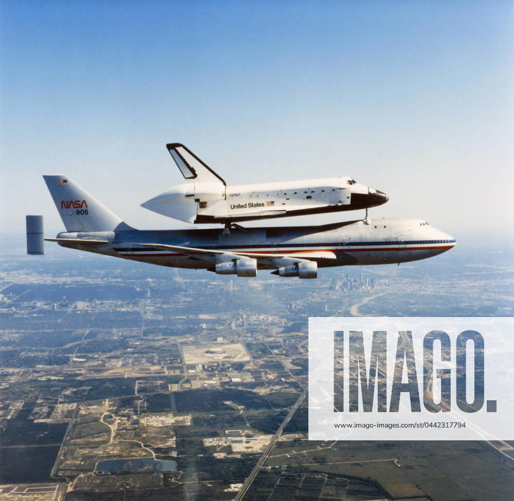 SPACE SHUTTLE ENTERPRISE. The NASA Space Shuttle Enterprise riding atop its 747 jumbo carrier. Photograph, c1977.