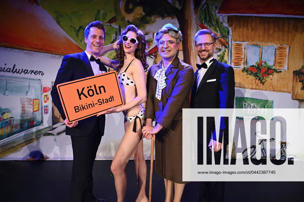 Composer Jochen Frank Schmidt, leading actor Nico Alesi plays Omi Fichtelhuber and Sarah Leidl plays Giselle von Pfeiffer, producer Alexander Dieterle, l r, pose at the press event for the 50s comedy musical Bikini Scandal, which will be shown in Cologne for 4 weeks in August 2024