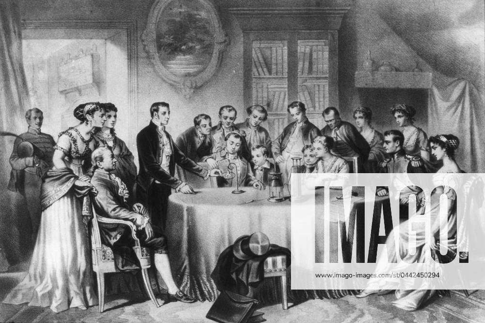 COUNT ALESSANDRO VOLTA (1745-1827). Italian physicist. Volta demonstrating his electric battery before First Consul Napoleon Bonaparte (right), at the Institut de France in Paris, November 1801. Lithograph, 19th century, after a painting by François Constant Mès.