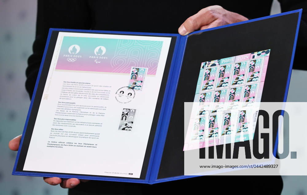 (240327) -- PARIS, March 27, 2024 -- The official stamps for the Paris 2024 Olympic and Paralympic Games are seen during a presentation at the French Postal Museum in Paris, France, March 26, 2024. Drawing inspiration from the visual identity of the Paris Olympics, the stamp highlights iconic places like the Eiffel Tower and the River Seine, with sporting elements of athletics tracks and ball bounces featured in it. The stamp has exceptional finishes with hot stamping. ) (SP)FRANCE-PARIS-OLYMPICS-OFFICIAL STAMP GaoxJing
