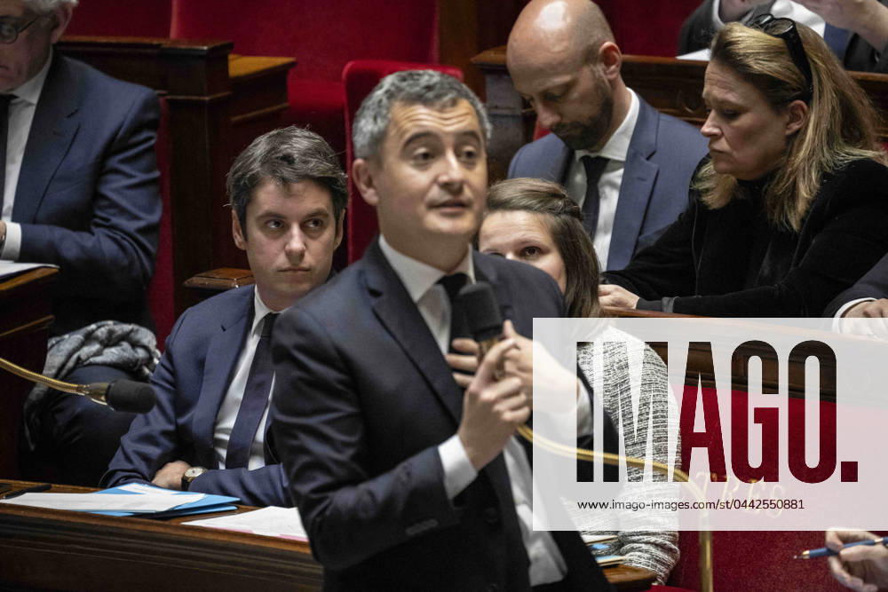 Questions To The Government At The National Assembly - Paris French prime Minister Gabriel Attal and France s Minister for Interior and Overseas Gerald Darmanin during a session of questions to the government at The National Assembly in Paris, France, on March 27, 2024. Photo by Eliot Blondet ABACAPRESS.COM Paris France