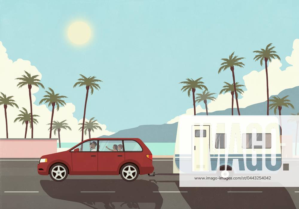 Family on vacation in car, pulling camper trailer along sunny palm trees and ocean