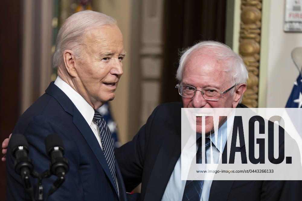 President Joe Biden and Sen. Bernie Sanders, I-VT, shake hands during on event on lowering healthcare costs in the Indian Treaty Room on the White House complex in Washington, DC on Wednesday, April 3, 2024. WAP20240403348 BONNIExCASH