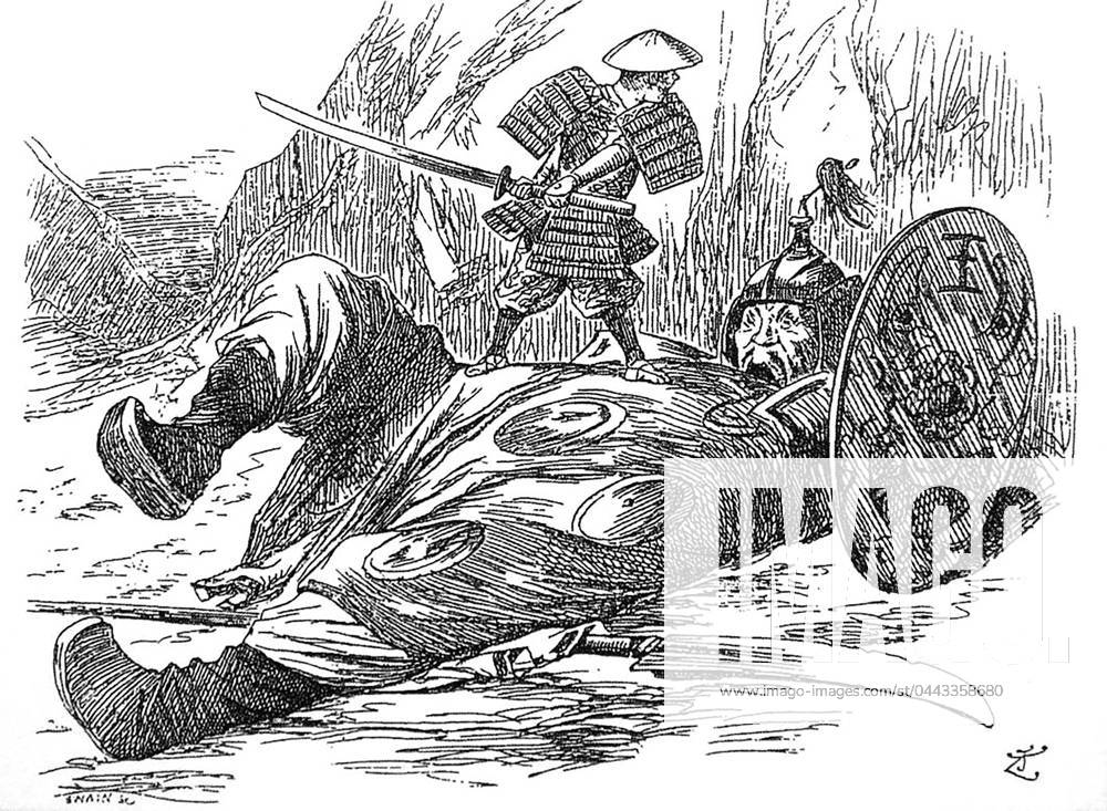 Britain: Satirical drawing depicting small Japan s 1894-5 victory over large China by the magazine Punch, 28 September 1894 The First Sino-Japanese War (1 August 1894 - 17 April 1895) was waged beween the Qing Dynasty and the Japanese Empire, primarily over control of the Korean peninsula. In China, the war is commonly known as the War of Jiawu, while in Japan it is called the Japan-Qing War, and in Korea, the Qing-Japan War.<br ><br > The war lasted 8 months altogether, and saw more than six months of unbroken victories and success by the Japanese land and naval forces against the numerically superior but militarily inferior Chinese army. The Japanese eventually took over the Chinese port city of Weihaiwei and forced the Qing governme