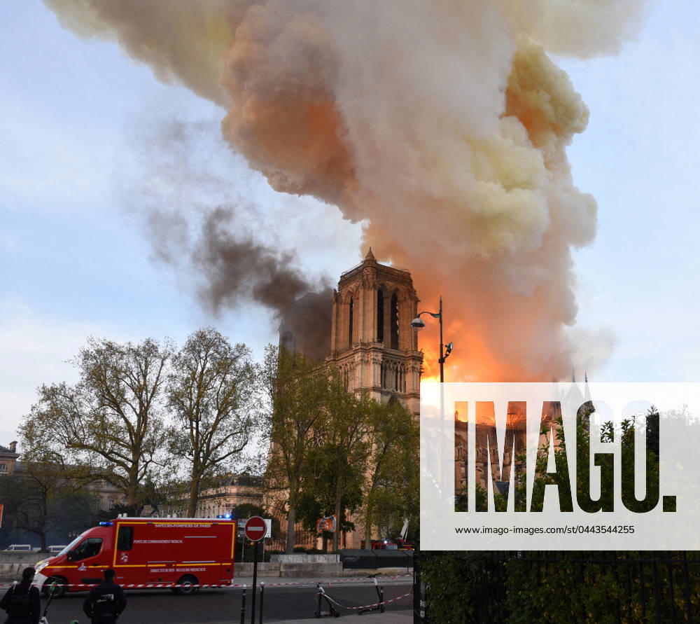 April 15 Marks 5 Years Since The Fire At Notre-Dame De Paris File photo - Smoke and flames rise from Notre-Dame Cathedral on April 15, 2019 in Paris, France. A huge fire swept through the roof of the famed Notre-Dame Cathedral in the French capital, sending flames and huge clouds of grey smoke billowing into the sky. The flames and smoke plumed from the spire and roof of the gothic cathedral, visited by millions of people a year. - On April 15, 2019, a fire broke out in the attic of Notre-Dame de Paris, a medieval Catholic cathedral in Paris, France. By the time the fire was extinguished, this spire had collapsed and most of the roof had been destroyed. 5 years after the fire, the cathedral is scheduled to reopen in December 2024. Photo by