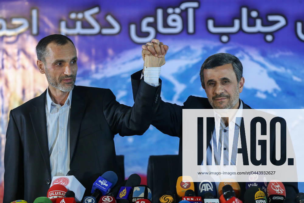 Mahmoud Ahmadinejad 05 04 2017 - TEHRAN : Iranian former president Mahmoud Ahmadinejad along with his closest confidant Hamid Baghaei, attends a press conference about Iran 2017 Presidential Election in Tehran, Iran. Photo : Borna News Farzam Saleh IRAN IMAGES IR