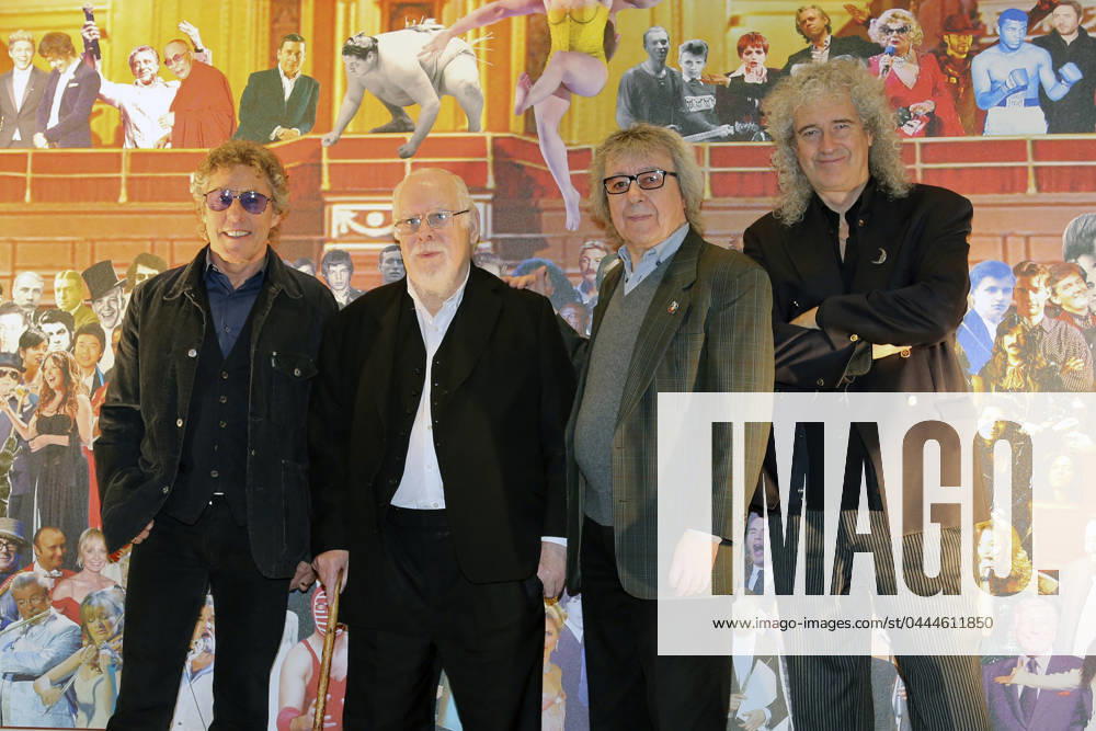 The Who singer Roger Daltrey, British artist Sir Peter Blake, former Rolling Stones Bill Wyman and Queen lead guitarist Brian May at the unveiling of Sir Peter Blake s new mural at the Royal Albert Hall in London 117667, The Who singer Roger Daltrey, British artist Sir Peter Blake, former Rolling Stones Bill Wyman and Queen lead guitarist Brian May at the unveiling of Sir Peter Blake s new mural at the Royal Albert Hall in London. London, United Kingdom - Tuesday April 29, 2014., Credit:PacificCoastNews Avalon United Kingdom, London