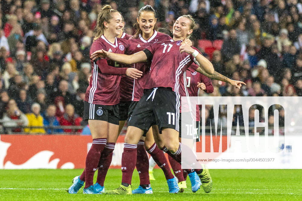 Germany captain Alexandra Popp celebrates scoring the opening goal of the game during the womens International Friendly, Länderspiel, Nationalmannschaft between England and Germany at Wembley Stadium in London, England. Germany ultimately won the game 2-1 with the winner coming in the 90th minute. England v Germany
