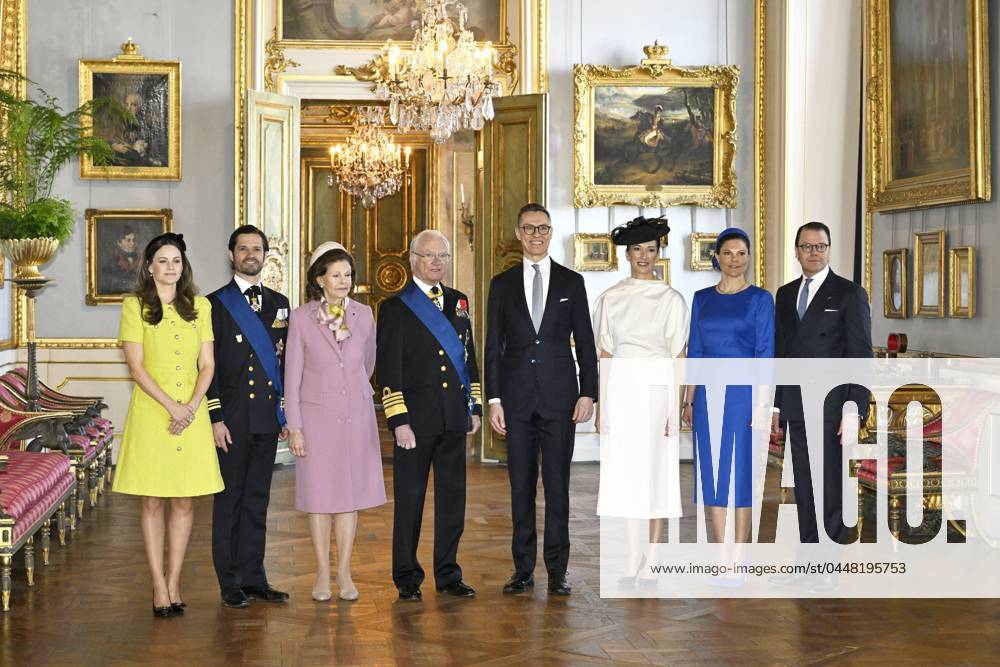 (L-R) Princess Sofia and Prince Carl Philip of Sweden, Queen Silvia of Sweden and King Carl XVI Gustaf of Sweden, President of Finland Alexander Stubb and Mrs. Suzanne Innes-Stubb, Crown Princess Victoria and Prince Daniel of Sweden pose for a group photo during an official welcoming ceremony at the Royal Palace in Stockholm on April 23, 2024. President Alexander Stubb pays a two-day state visit to Sweden. Stockholm Sweden