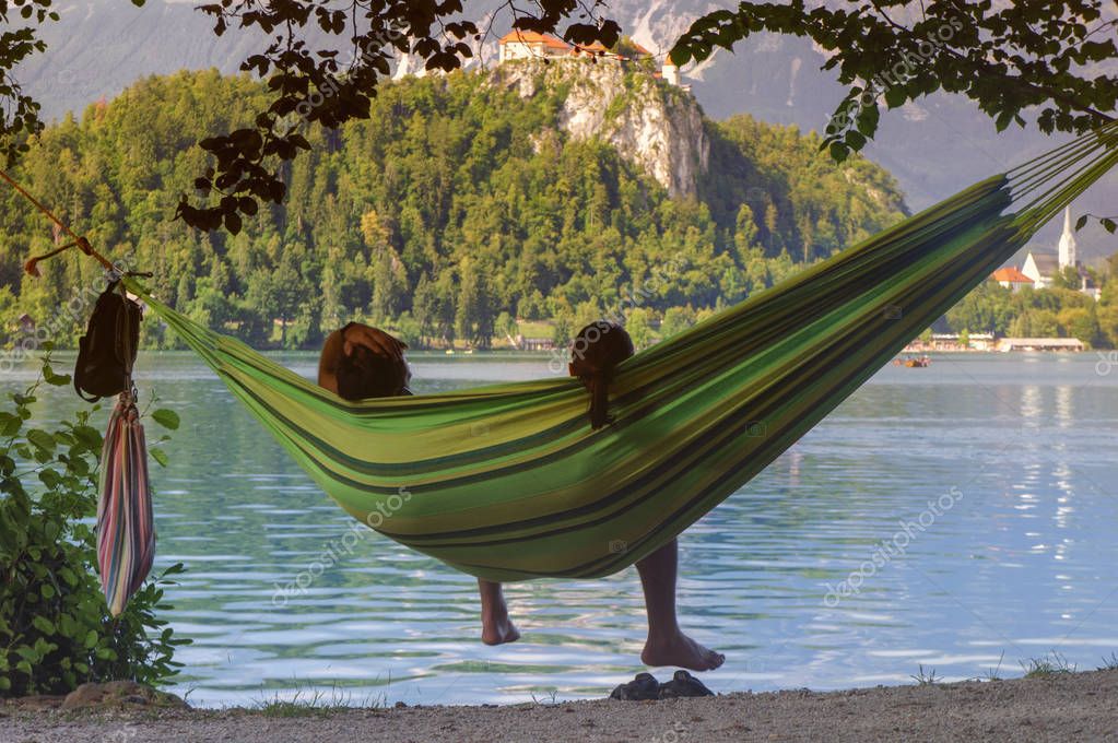 Relaxing in hammok at lake Bled.