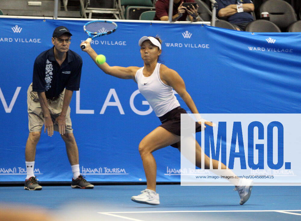 Alyssa Tobita returns a volley during the Hawaii Open invitational tournament match between 152nd ranked Yanina Wickmayer (Belgium) and unranked local product Alyssa Tobita (USA) of Mililani and University of Oregon alum at the Stan Sheriff Center in Honolulu, HI - CSM. Tennis 2019: Hawaii Open DEC26 - ZUMAc04_ 20191226_zaf_c04_084
