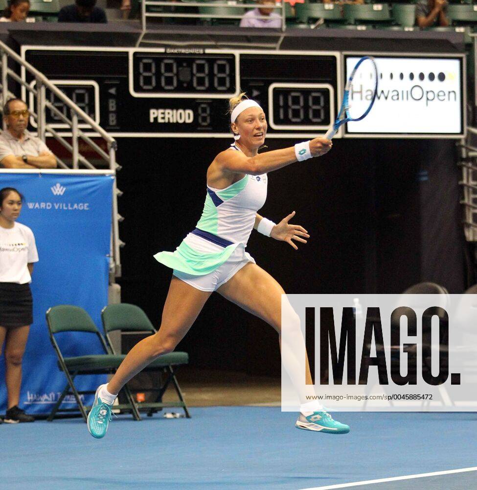 Yanina Wickmayer returns a volley during the Hawaii Open invitational tournament match between 152nd ranked Yanina Wickmayer (Belgium) and unranked local product Alyssa Tobita (USA) of Mililani and University of Oregon alum at the Stan Sheriff Center in Honolulu, HI - CSM. Tennis 2019: Hawaii Open DEC26 - ZUMAc04_ 20191226_zaf_c04_095