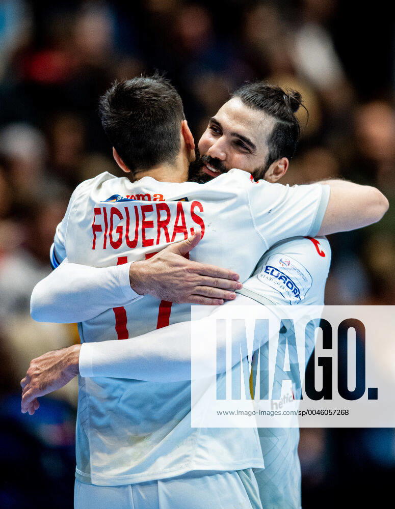Adrià Figueras Trejo and Jorge Maqueda Peno of Spain celebrate after the EHF European Handball Championship match between Spain and Germany on January 11, 2020 in Trondheim Photo Vegard Wivestad Grott BILDBYRAN code VG 170462 bbeng handball handball handball handball in the 2020 European mens handball championship 2020 em 2020 handballs em 2020 ehf euro 2020 spain spain germany germany germany cheer,