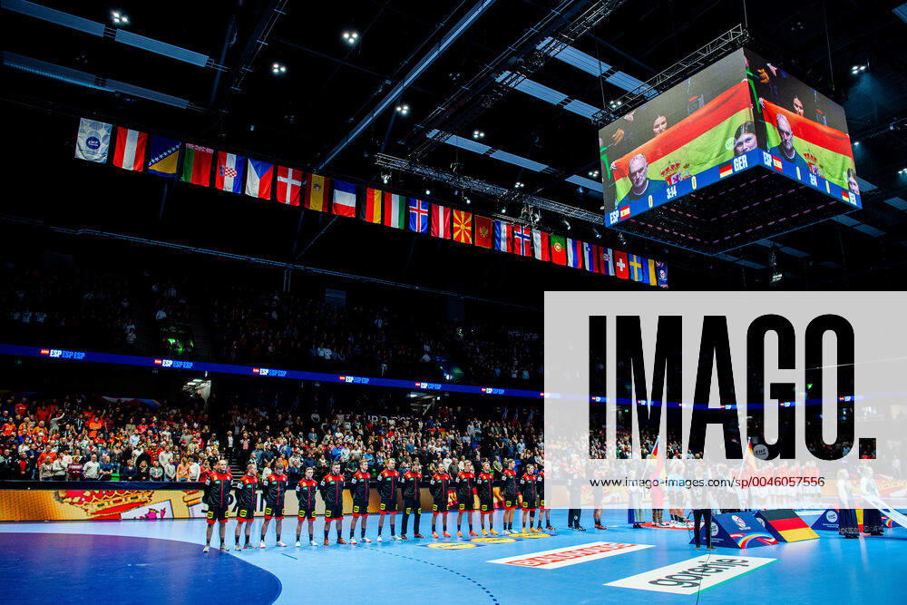 The players of Germany line up ahead of the EHF European Handball Championship match between Spain and Germany on January 11, 2020 at Trondheim Spectrum in Trondheim Photo Vegard Wivestad Grott BILDBYRAN code VG 170462 bbeng handball handball handball handball in the 2020 European mens handball championship 2020 em 2020 handballs em 2020 ehf euro 2020 spain spain germany germany germany arena,