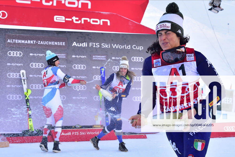 winter sports FIS, World Cup Super Combination Women Zauchensee, from l Federica Brignone ITA , Marta Bassino ITA , podium, award ceremony, champagne shower Zauchensee