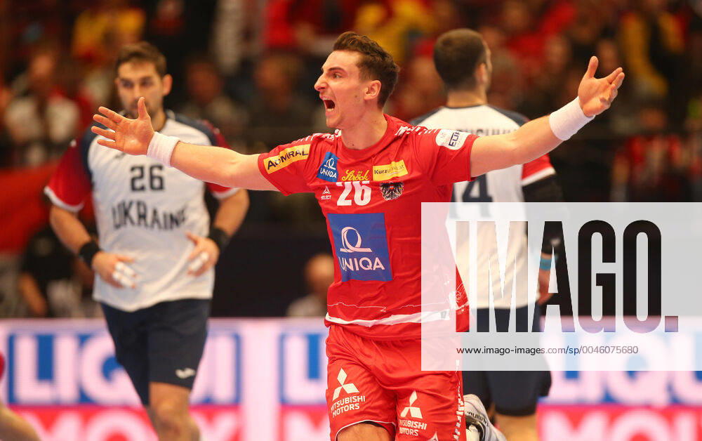 HANDBALL - EHF EURO 2020, AUT vs UKR VIENNA,AUSTRIA,12.JAN.20 - HANDBALL - EHF European Men s Handball Championship 2020, group stage, Austria vs Ukraine. Image shows the rejoicing of Lukas Herburger (AUT). GEPAxpictures xChristianxOrt