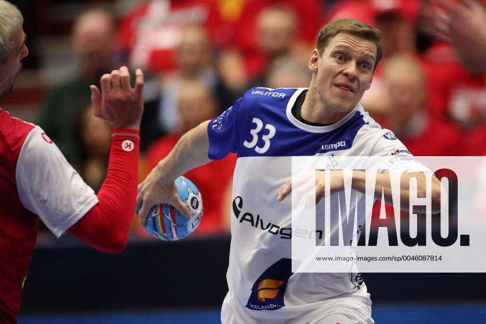 Iceland s Janus Dadi Smarason during the Men s European Handball Championship, preliminary round Group E, match between Iceland and Russia at Malmo Arena, Sweden, on Monday Jan 13, 2020 Photo Andreas Hillergren TT code10600 Malmo Sweden