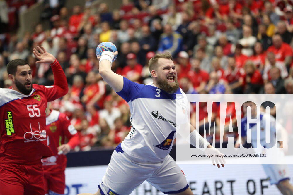 Russia s Alexander Ermakov and Iceland s Kari Kristjan Kristjansson during the Men s European Handball Championship, preliminary round Group E, match between Iceland and Russia at Malmo Arena, Sweden, on Monday Jan 13, 2020 Photo Andreas Hillergren TT code10600 Malmo Sweden