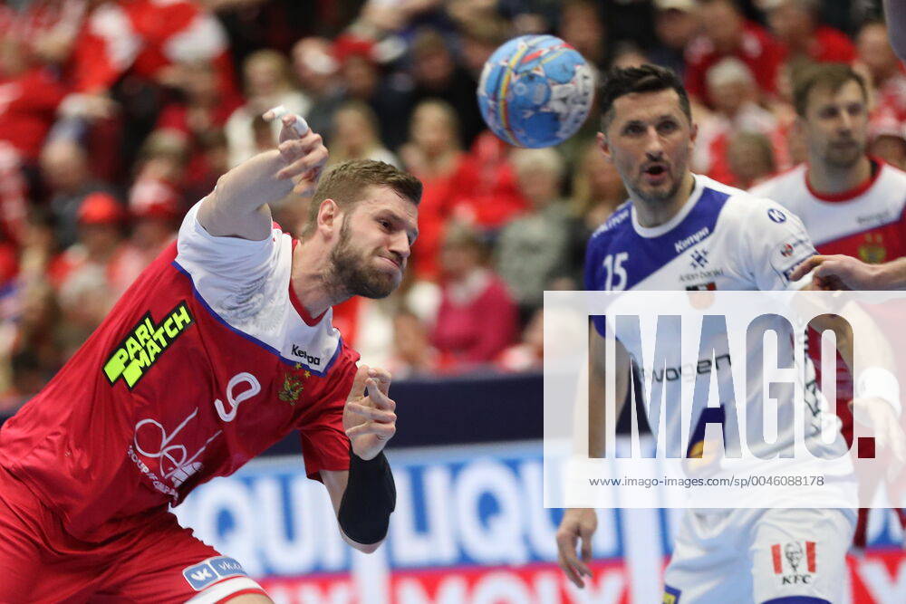Russia s Alexander Shkurinskiy and Iceland s Alexander Petersson during the Men s European Handball Championship, preliminary round Group E, match between Iceland and Russia at Malmo Arena, Sweden, on Monday Jan 13, 2020 Photo Andreas Hillergren TT code10600 Malmo Sweden