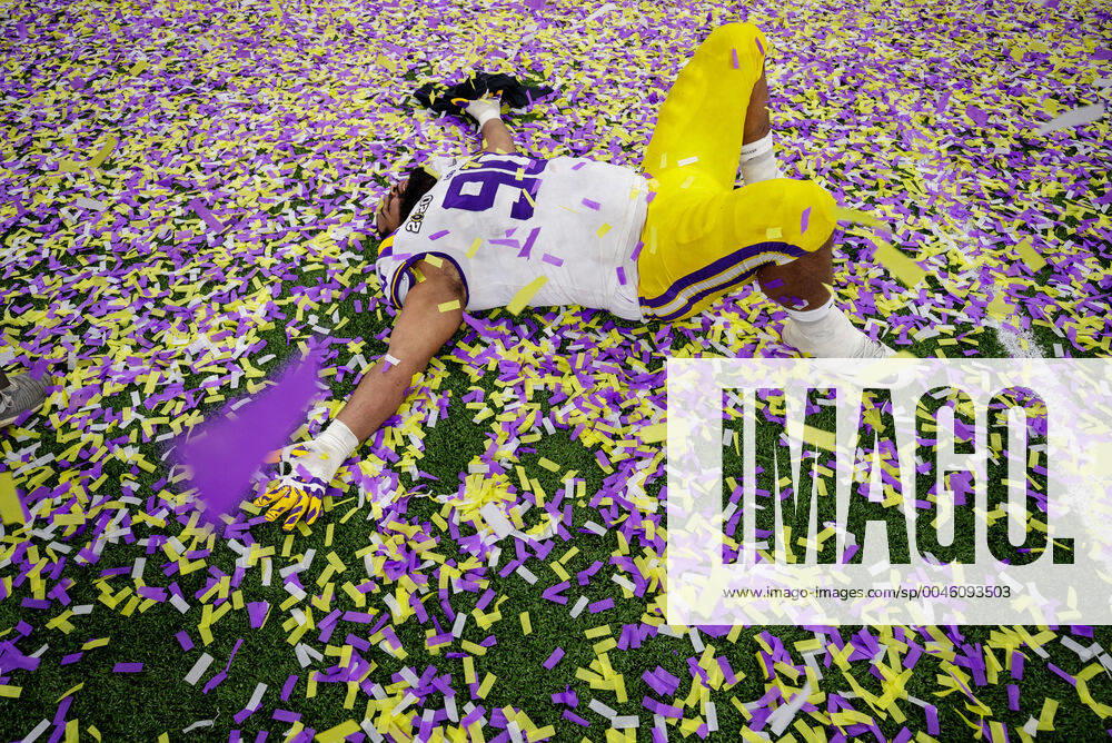 Rashard Lawrence (90) of the LSU Tigers makes confetti angels after winning the NCAA, College League, USA College Football Playoff National Championship at Mercedes-Benz Superdome on January 13, 2020 in New Orleans, LA. CSM NCAA Football 2020: CFP National Championship Clemson vs LSU JAN 13 - ZUMAc04_ 20200113_zaf_c04_295