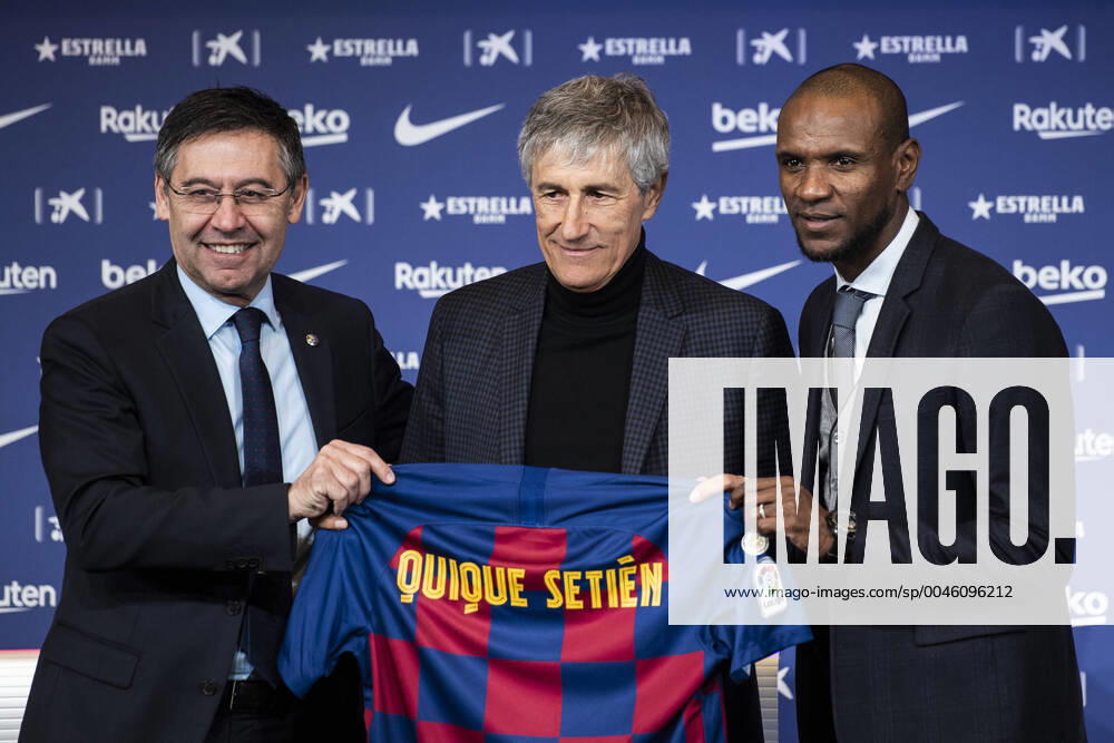 KW03 14th January 2020; Camp Nou, Barcelona, Catalonia, Spain; press conference, PK, Pressekonferenz for the introduction of the new manager Barcelona manager Quique Setien; Quique Setien with Josep Maria Bartomeu and Eric Abidal - Editorial Use ActionPlus12203790 MarcxGonzalezxAloma