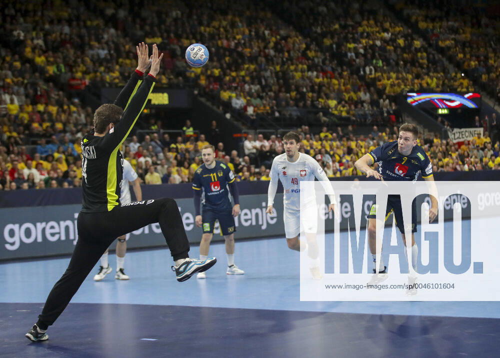 Poland s goalkeeper Adam Morawski saves a penalty shot by Sweden s Jerry Tollbring during the Men s European Handball Championship, preliminary round Group F, match between Poland and Sweden at Scandinavium in Gothenburg, Sweden, on Tuesday Jan 14, 2020 Photo Adam Ihse TT code 9200 GOTHENBURG SWEDEN