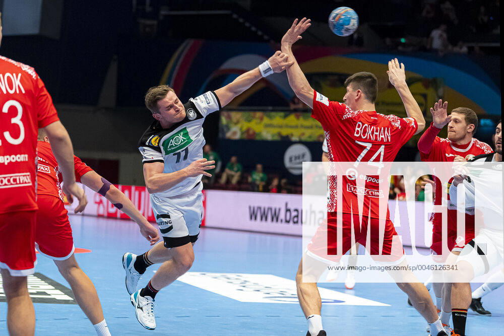 Handball, Men EM 2020, Main Round, Group 1, Belarus Germany David Schmidt Germany TVB Stuttgart , Viachaslau Bokhan Belarus Vienna Vienna Stadthalle Vienna Austria