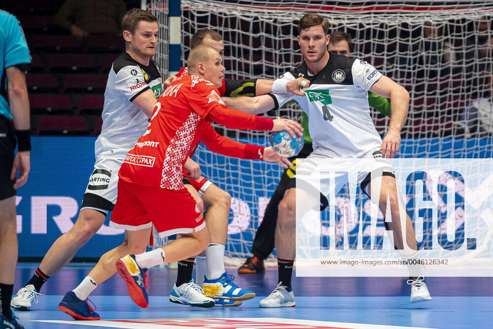 Handball, Mens European Championship 2020, Main Round, Group 1, Belarus Germany by David Schmidt Germany TVB Stuttgart , Ivan Brouka Belarus , Johannes Golla Germany SG Flensburg Vienna Stadthalle Vienna Austria