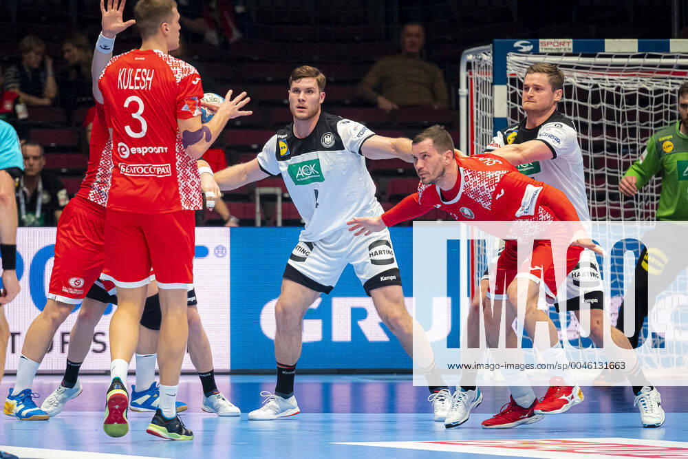 Handball, Mens European Championship 2020, Main Round, Group 1, Belarus Germany from left Uladzislau Kulesh Belarus , Johannes Golla Germany SG Flensburg , Siarhei Shylovich Belarus , David Schmidt Germany TVB Stuttgart Vienna Stadthalle Vienna Austria