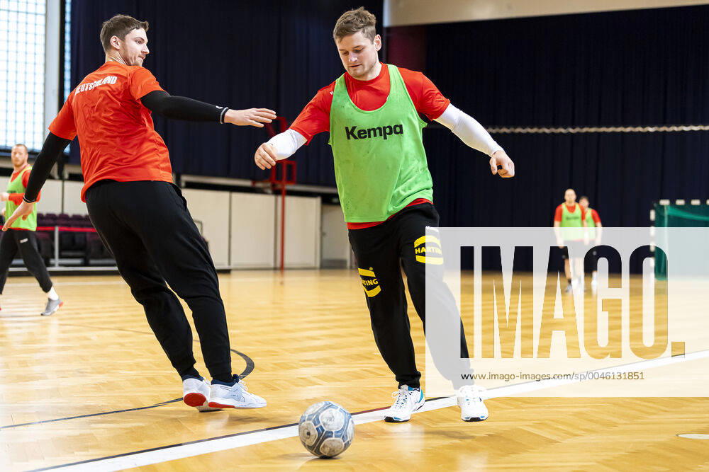 Handball, Men EM 2020, Main Round, Group 1, Media Day Training Germany by Hendrik Pekeler Germany THW Kiel , David Schmidt Germany TVB Stuttgart with Football Vienna Stadthalle Vienna Austria
