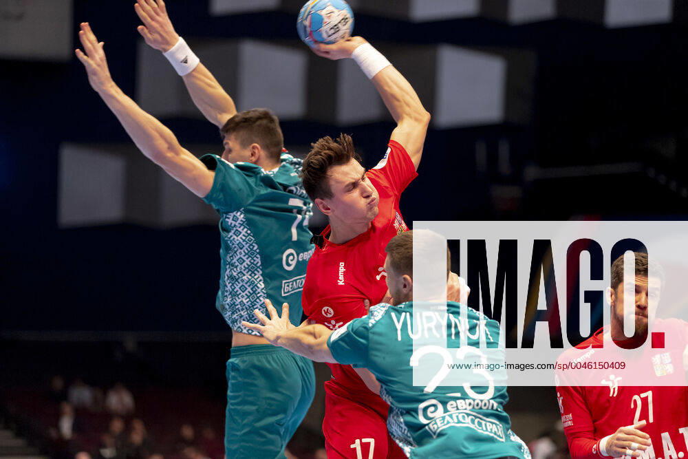 Stanislav Kasparek No 17, Czech Republic vs Viachaslau Bokhan No 74, Belarus and Andrei Yurynok No 23, Belarus Belarus vs Czech Republic, Handball, Main Round, EHF Euro 2020, 18 01 20 Vienna Vienna Austria