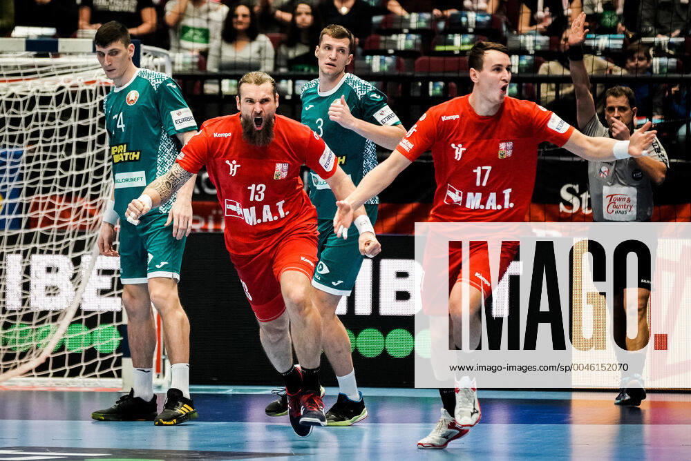Wiener Stadthalle, Vienna, AUT, EHF Euro 2020, Belarus vs Czech Republic, main round, group I, in the picture Pavel Horak CZE celebrates his goal Pavel Horak CZE celebrates his goal during the EHF 2020 European Handball Championship, main round group I match between Belarus and Czech Republic at the Wiener Stadthalle in Vienna, Austria on 2020 01 18 Vienna EP_sro