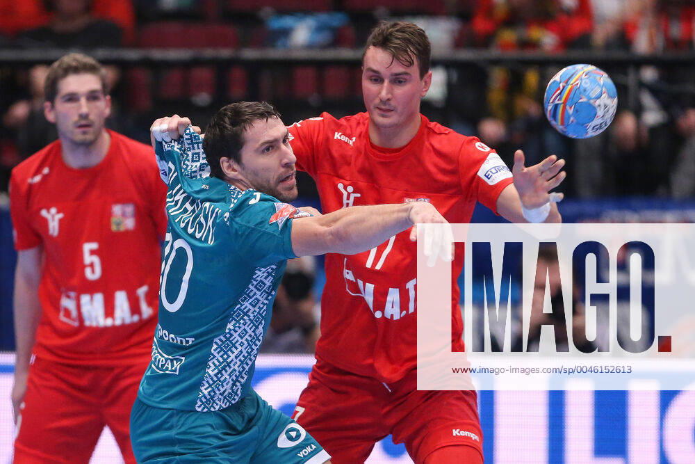 PXL_EURO 2020_Belarus vs Czech Republic 18.01.2020., Wiener Stadthalle, Vienna, Austria - Men s EHF EURO 2020, main round, group I ,match between Belarus and Czech Republic at Wiener Stadthalle.. Barys Pukhouski, Stanislav Kasparek. LukaxStanzl PIXSELL