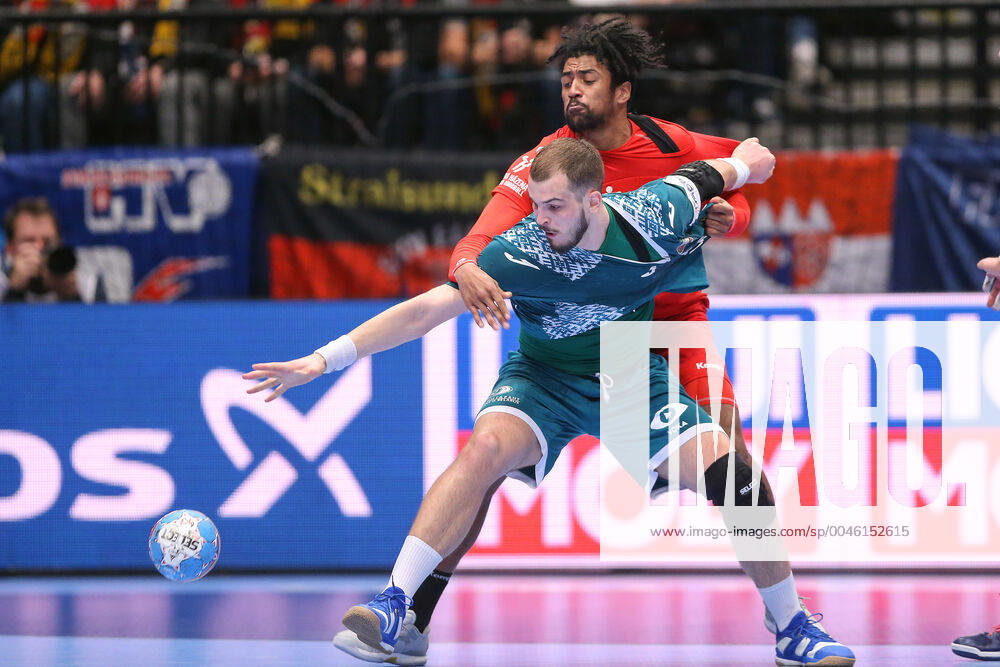 PXL_EURO 2020_Belarus vs Czech Republic 18.01.2020., Wiener Stadthalle, Vienna, Austria - Men s EHF EURO 2020, main round, group I ,match between Belarus and Czech Republic at Wiener Stadthalle.. Artsem Karalek, Dieudonne Mubenzem. LukaxStanzl PIXSELL