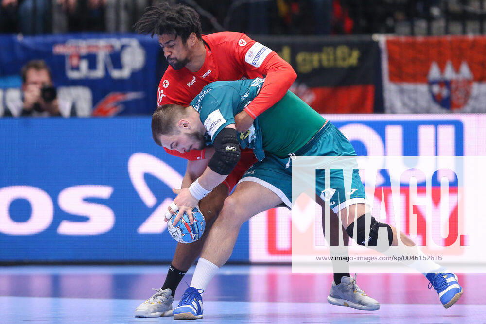 PXL_EURO 2020_Belarus vs Czech Republic 18.01.2020., Wiener Stadthalle, Vienna, Austria - Men s EHF EURO 2020, main round, group I ,match between Belarus and Czech Republic at Wiener Stadthalle.. Artsem Karalek, Dieudonne Mubenzem. LukaxStanzl PIXSELL