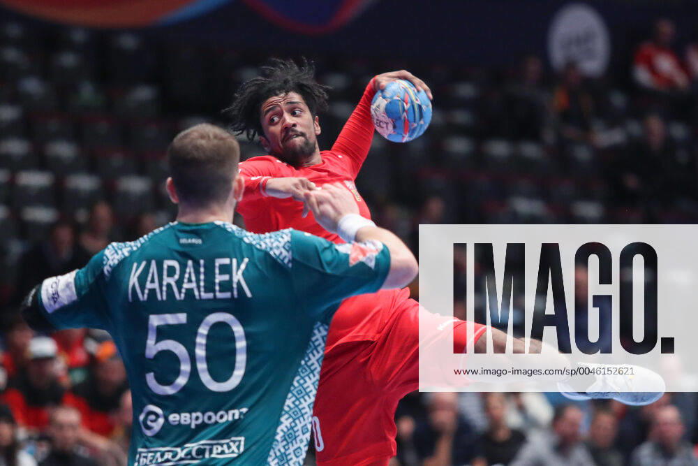 PXL_EURO 2020_Belarus vs Czech Republic 18.01.2020., Wiener Stadthalle, Vienna, Austria - Men s EHF EURO 2020, main round, group I ,match between Belarus and Czech Republic at Wiener Stadthalle.. Artsem Karalek, Dieudonne Mubenzem. LukaxStanzl PIXSELL
