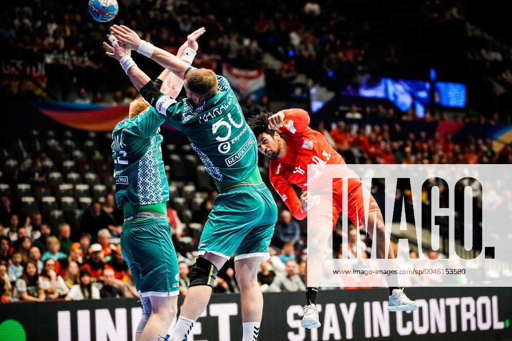 Wiener Stadthalle, Vienna, AUT, EHF Euro 2020, Belarus vs. Czech Republic, main round, group I, in the picture v l Viachaslau Shumak BLR , Artsem Karalek BLR , Dieudonne Mubenzem CZE f l Viachaslau Shumak BLR Artsem Karalek BLR Dieudonne Mubenzem CZE during the EHF 2020 European Handball Championship, main round group I match between Belarus and Czech Republic at the Wiener Stadthalle in Vienna, Austria on 2020 01 18 Vienna EP_sro