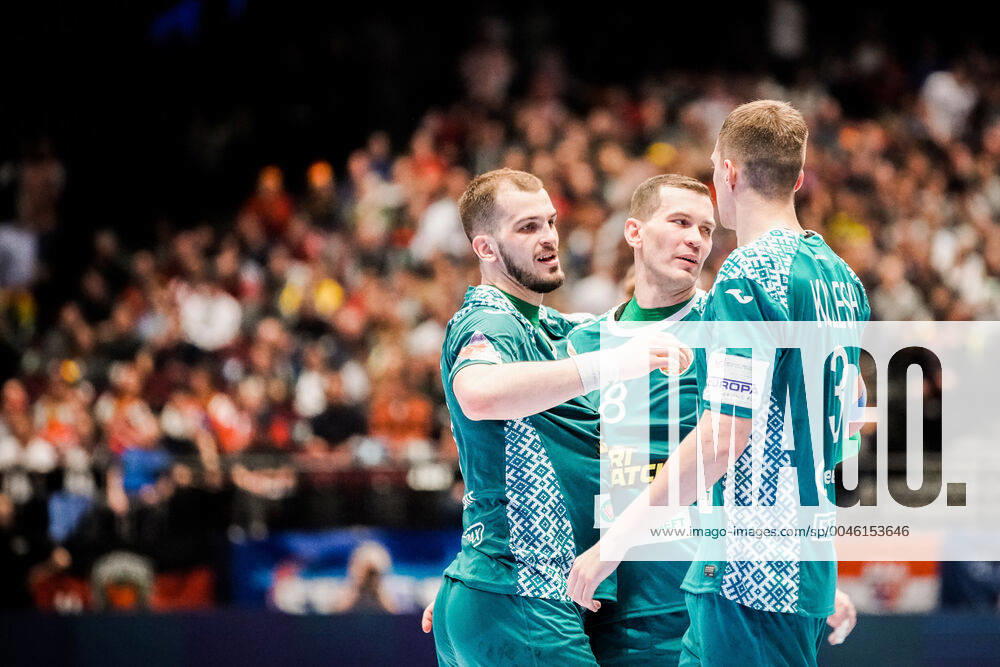 Wiener Stadthalle, Vienna, AUT, EHF Euro 2020, Belarus vs Czech Republic, main round, group I, in the picture Belarusian players after the final whistle players of Belarus after the game during the EHF 2020 European Handball Championship, main round group I match between Belarus and Czech Republic at the Wiener Stadthalle in Vienna, Austria on 2020 01 18 Vienna EP_sro